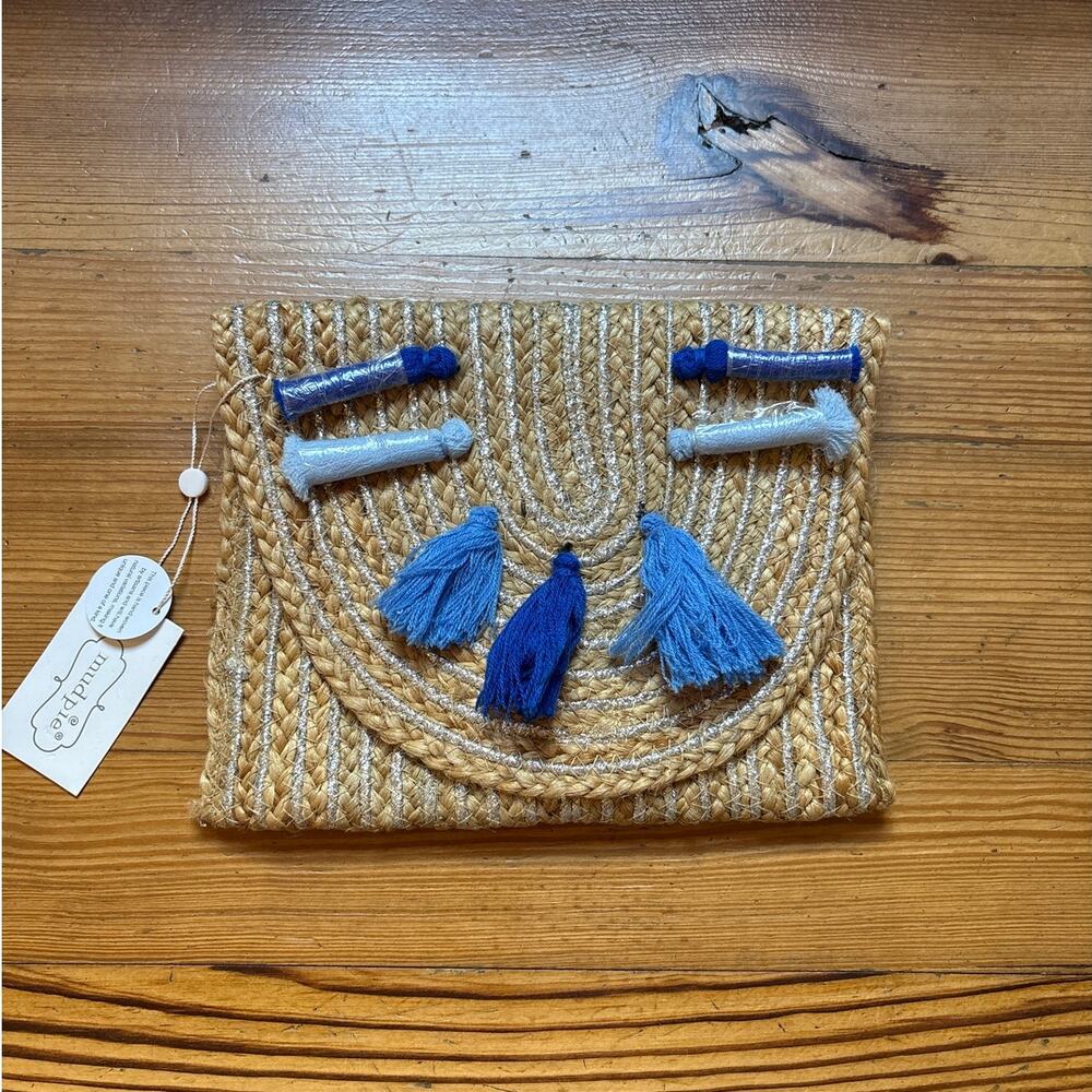 NWT Mud Pie blue tassel metallic jute clutch